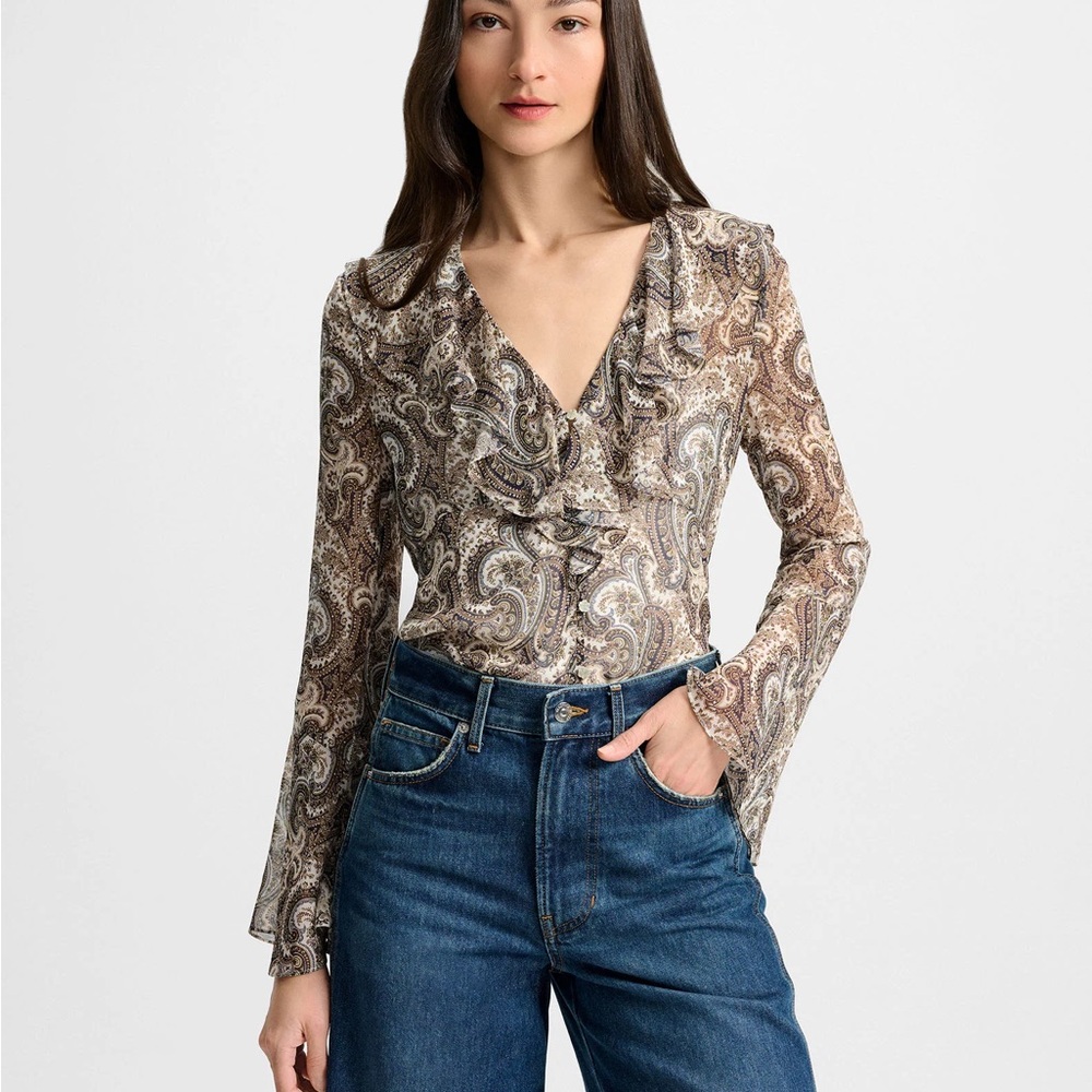 Veronica Beard Cream, Black & Tan Paisley Ruffle V-Neck Blouse